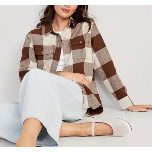 Old Navy Womens Loose Flannel Boyfriend Shirt Desert Floor Brown Plaid 2X - Picture 2 of 8